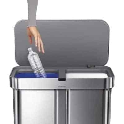 simplehuman 58 Liter/15.3 Gallon Stainless Steel Touch-Free Dual Compartment Rectangular Kitchen Trash Can Recycler Motion Sensor, Voice Activated