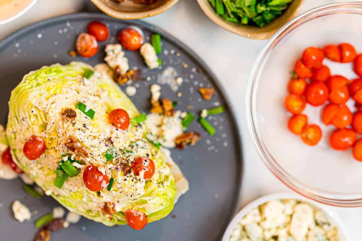 Wedge Salad shot from above with tomatoes, blue cheese and chives