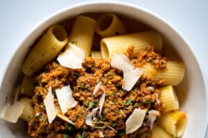Rigatoni and meat sauce in a bowl