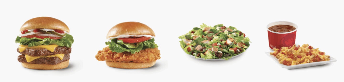 Burger, chicken sandwich salad, chili and fries as options at Wendy's.