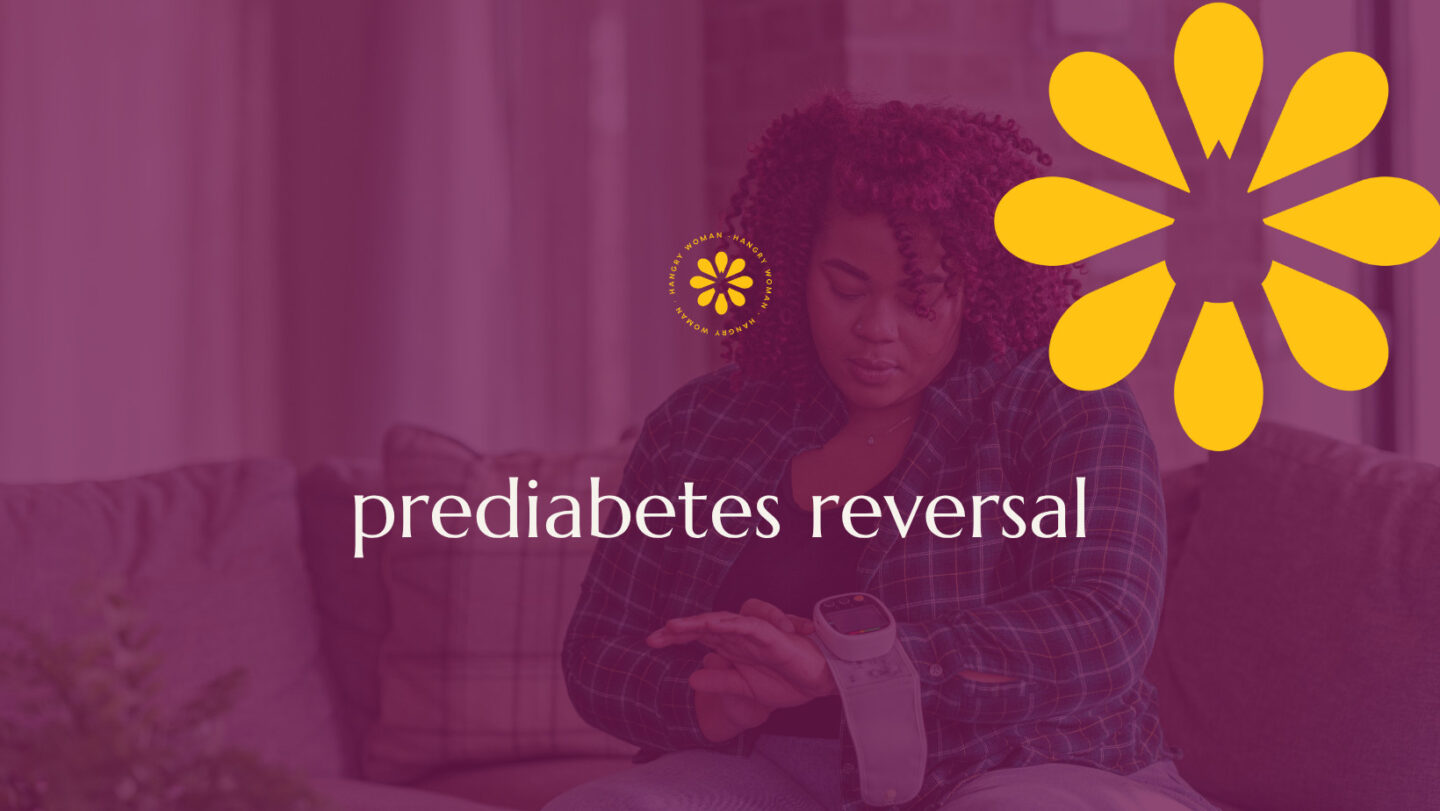 A woman sitting on a couch using a glucose monitor on her arm, with the words 'prediabetes reversal' overlaid, symbolizing proactive health monitoring and hope for reversing prediabetes.