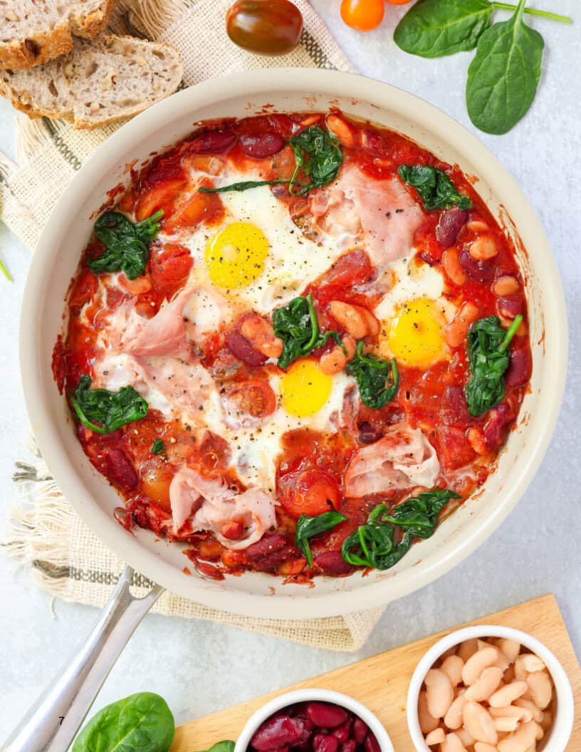 A skillet filled with baked tomatoes, beans, wilted spinach, and perfectly broiled eggs with slices of smoked ham.