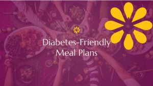 a group of friends at a table with a spread of food, overlaid with purple and a text that says "diabetes-friendly meal plans"