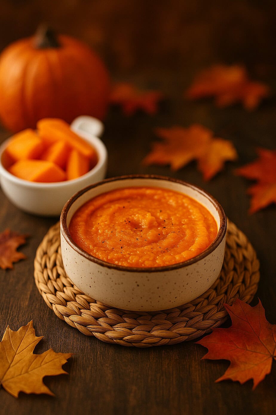 Pumpkin Puree on a trivet around fall flavors