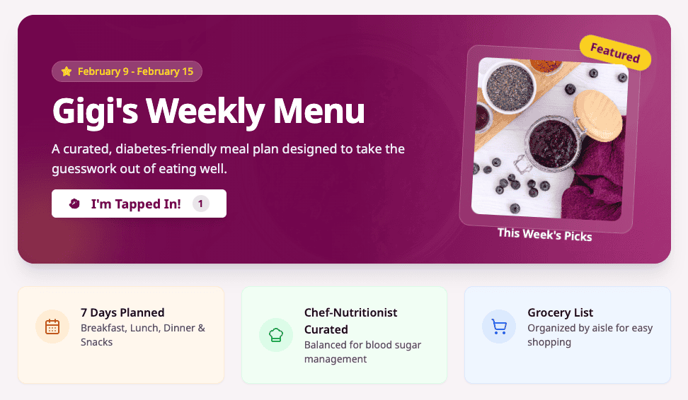 Glucose Guide's weekly diabetes meal plan header.