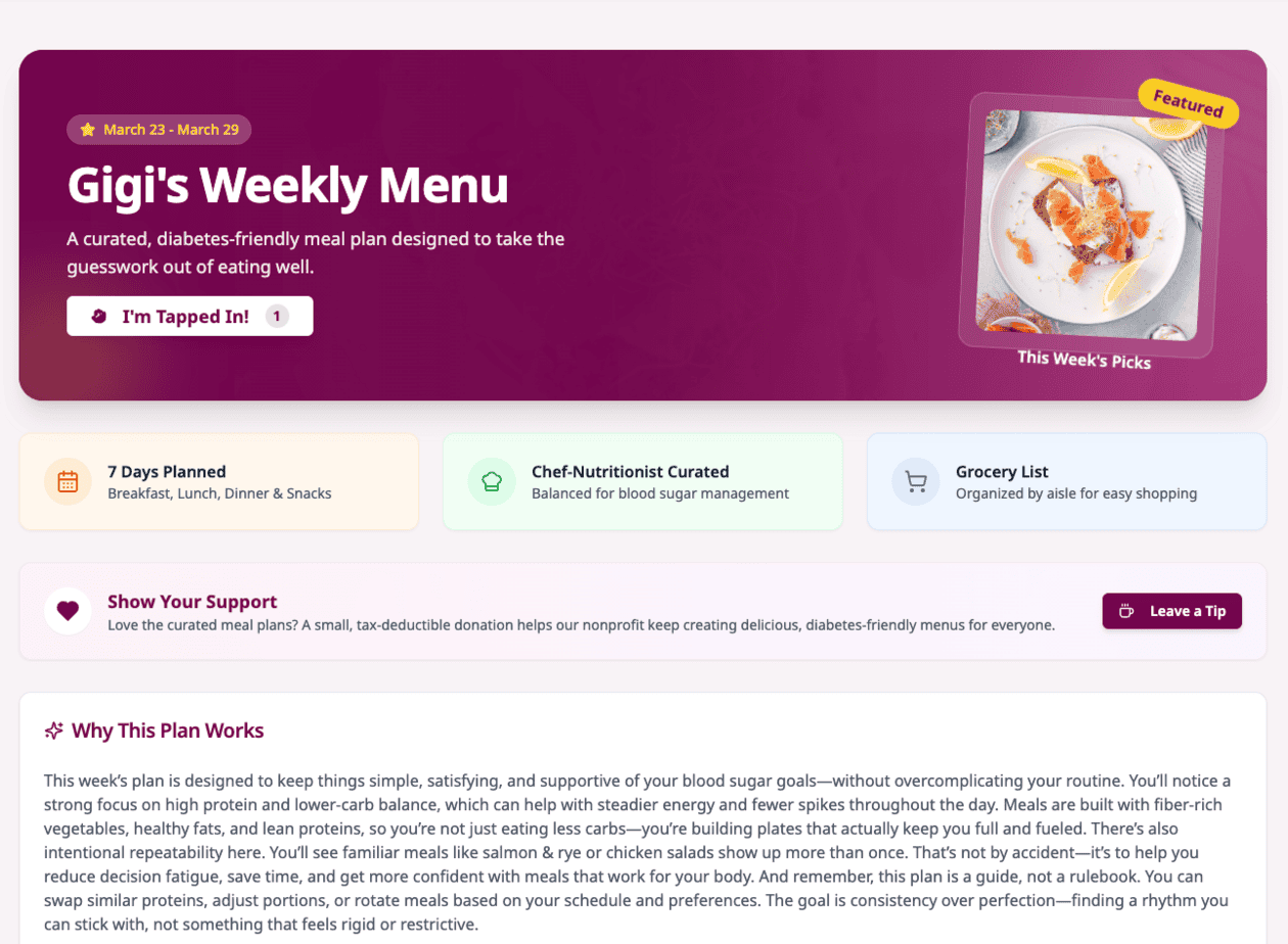 Screengrab from Glucose Guide's Weekly Curated Diabetes Menu