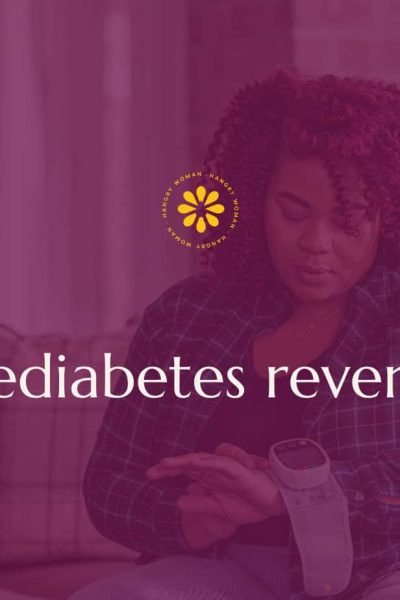 A woman sitting on a couch using a glucose monitor on her arm, with the words 'prediabetes reversal' overlaid, symbolizing proactive health monitoring and hope for reversing prediabetes.