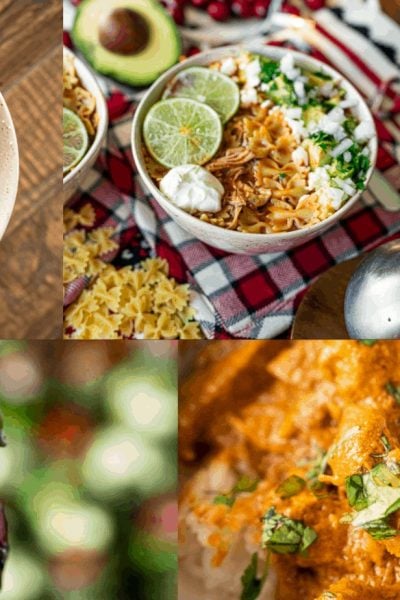 Healthy holiday meals collage. Caprese salad, goat cheese salad, soup, shakshuka and butter chicken