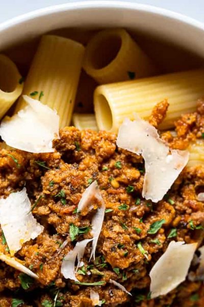 Rigatoni and meat sauce in a bowl