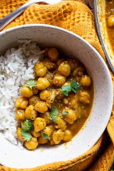 Vegan Chickpea Curry in a bowl with rice