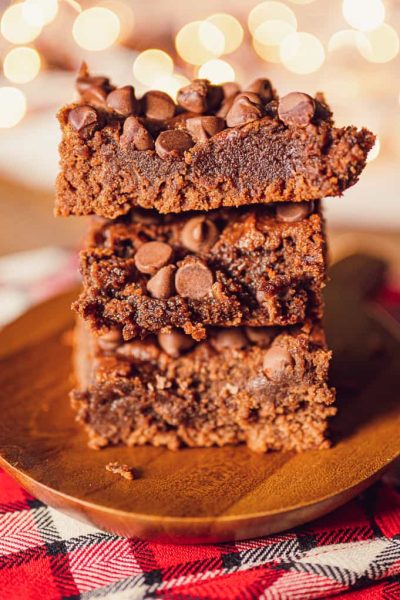 fudgy low carb brownies stacked on top of each other