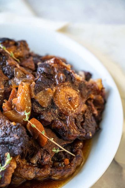 Jamaican oxtail in a bowl close up