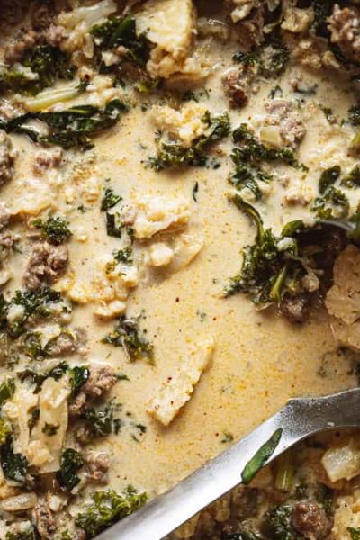 sausage and kale soup overhead shot